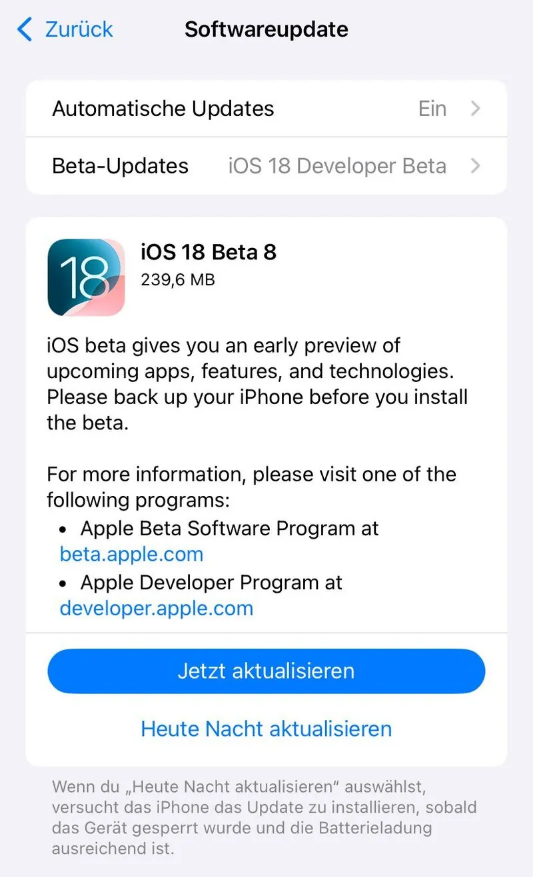 陵川苹果手机维修分享苹果 iOS / iPadOS 18 开发者预览版 Beta 8 发布 